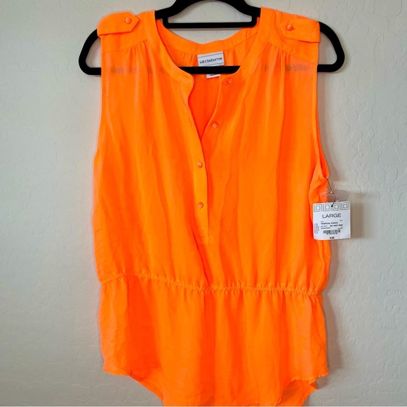 LIZ CLAIBORNE NWT Women's Top Sleeveless Orange Elastic Waist Button Up  Sz L - Picture 1 of 8